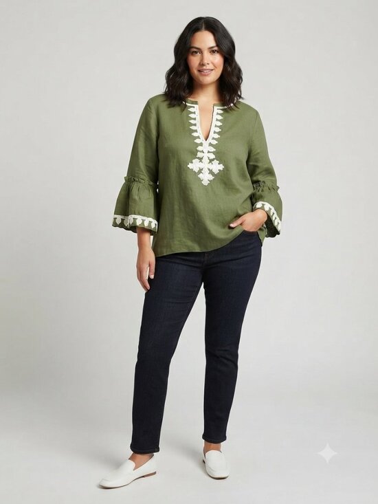 rose and rose Tops - ROSE AND ROSE Sage Green White Soutache Embroidered 100% Linen Boho Top